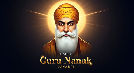 ​A Happy Guru Nanak Jayanti Greeting With A Golden Portrait And A Luminous Halo On A Dark Background
