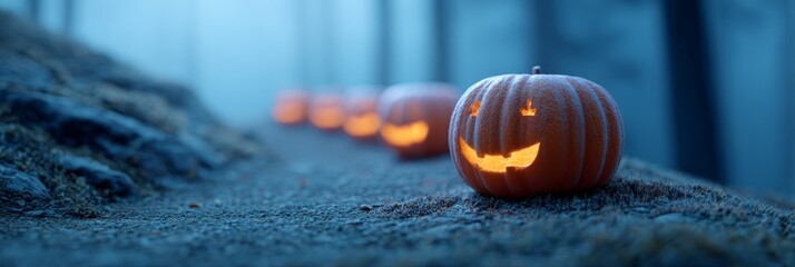 Jack o' lanterns with carved smiling faces glowing warmly in a row along a dark, foggy forest path, creating an eerie and mystical atmosphere during halloween night