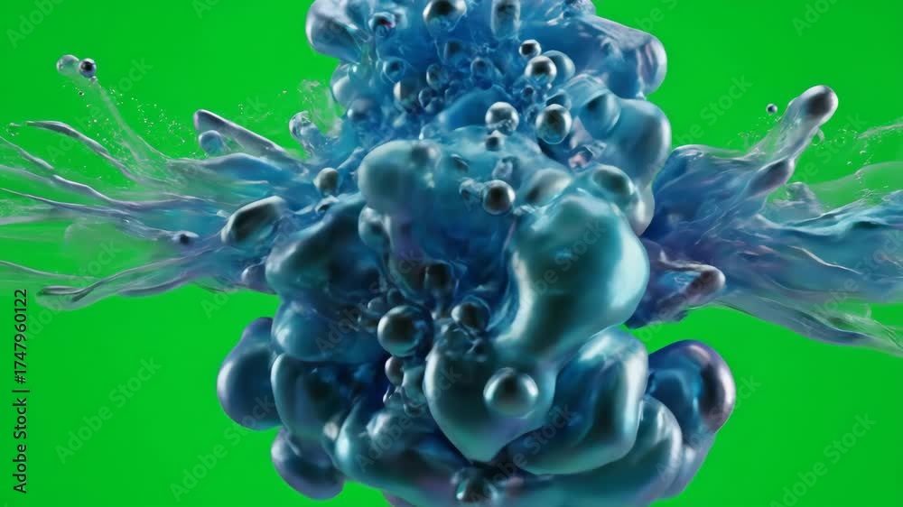 Poster hypnotic liquid-like particles swirl and slowly merge into a fluid abstract form against a green scr