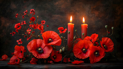 Red poppy flowers and burning candle banner with copy space for veterans day memorial or remembrance day. Symbol of Memorial Day Armistice day and Anzac Day background for design greeting card poster