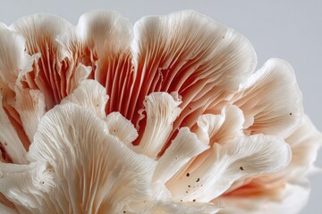 Close-up of delicate, layered mushroom caps.  Soft, light beige and pinkish-red hues.  Fine, intricate detail