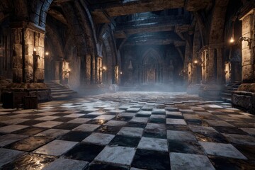 Dark, ancient cathedral interior