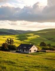 Country home nestled in a grassy valley bathed in golden light