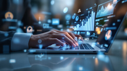 Business Person Working on Laptop with Projected Financial Data, Charts, and Business Analytics Interface
