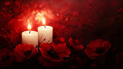 Red poppy flowers and burning candle banner with copy space for veterans day memorial or remembrance day. Symbol of Memorial Day Armistice day and Anzac Day background for design greeting card poster