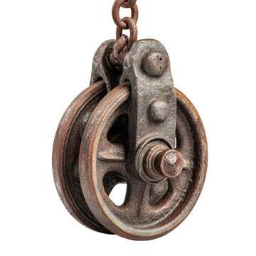 A vintage, heavily rusted metal double pulley block with two grooved wheels, suspended by a robust chain, highlighting its weathered charm. background removed