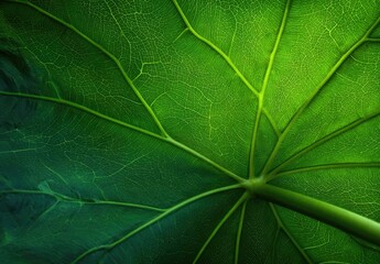 Close-up view of a large, vibrant green leaf.  Veins and textures are prominent.  Highlights and shadows accentuate the leaf's structure