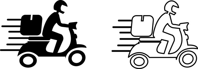 Delivery Boy on Motorbike Vector Icon in Black and Outline Style