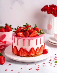 Pink strawberry cake, drizzled with pink glaze, topped with fresh strawberries
