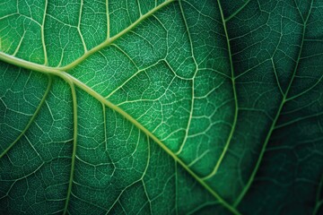 Close-up view of a vibrant green leaf, showcasing intricate vein patterns
