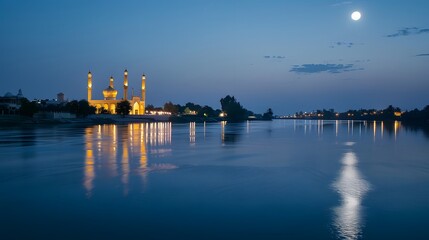 Beautiful mosque lit up at night reflected in calm water under a moonlit sky