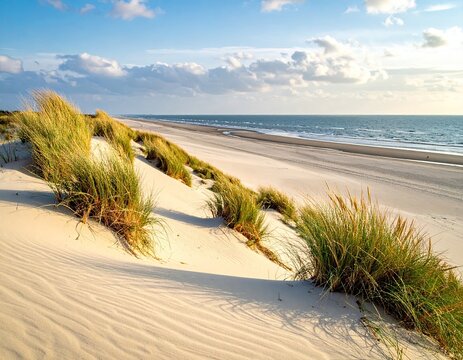 Sandy dunes topped with grasses meet ocean under a partly cloudy sky