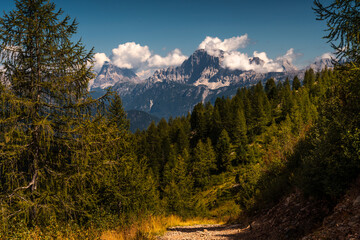 Scenic Mountain Landscape in the Dolomites, Italy. Dolomites Mountain Range. Mountain panorama with blue sky