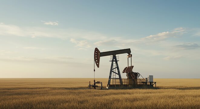 Oil pumpjack in rural field under sky