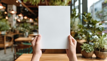 Blank menu held in hands, cafe background