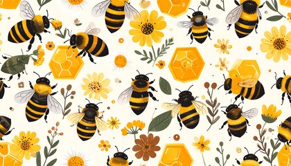 Cute bee and flower pattern on a white background