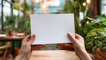 Blank paper held by hands in a cafe setting