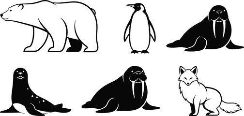 Arctic animal silhouettes, polar bear vector, penguin clipart, walrus illustration, seal graphic, fox icon, cold region wildlife, flat vector illustration