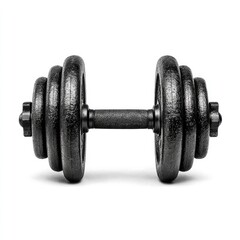 Fototapeta premium A pair of black adjustable dumbbells, centered against a white background. Each end features stacked weighted plates, secured by a black barbell shaft. The shaft is wrapped with a textured grip