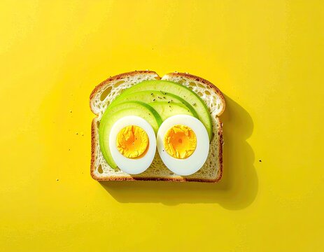 Toast, avocado, and egg "eyes" on a bright yellow background - Powered by Adobe