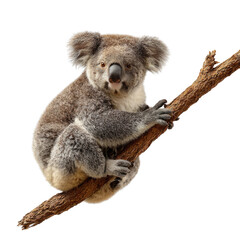 Fototapeta premium A fluffy koala sits perched on a tree branch, looking directly forward with its distinctive black nose and large ears. background removed