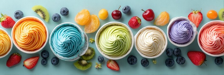 Colorful frozen yogurt in small bowls, garnished with fresh fruit