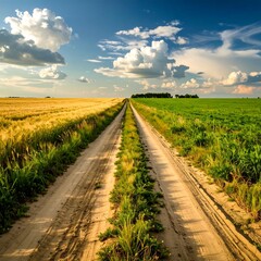 Country road through golden and green fields under a partly cloudy sky