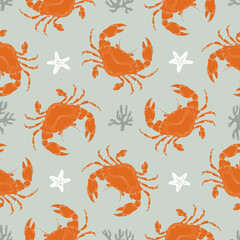 Orange Crab or crayfish Seamless Pattern with starfish and coral on Green Background. Vintage coastal print with retro seafood illustrations. Perfect for marine designs, summer and seaside packaging