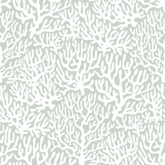 White Coral reef Seamless Sea Pattern on Green Background. Vintage coastal Minimalistic Print with Coral branches. Underwater sea life, coral and algae pastel Green.