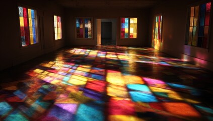 Colorful stained glass windows cast vibrant patterns on a floor