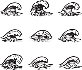 Dynamic set of stylized ocean wave illustrations perfect for nautical themes, coastal decor, or marine-inspired designs, ideal for summer projects