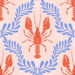 Cute Lobster Seamless Pattern with blue Seaweed on Pink Background. Vintage Whimsical coastal print with retro seafood illustrations and ocean life. Perfect for marine baby prints, nursery decor