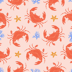 Cute Crab Seamless Pattern with starfish and coral  on Pink Background. Vintage Whimsical coastal print with retro seafood illustration and ocean life. Perfect for marine baby prints, nursery decor