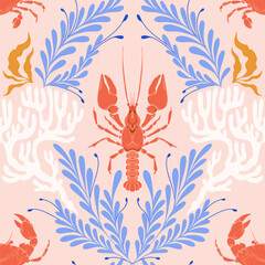 Cute Lobster Seamless Pattern with blue Seaweed on Pink Background. Vintage Whimsical coastal print with retro seafood illustrations and ocean life. Perfect for marine baby prints, nursery decor