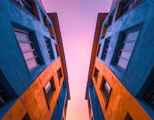 Upward view of colorful buildings against a pink sky
