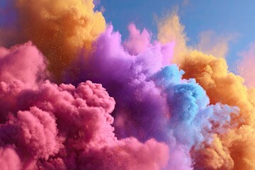 Vibrant clouds of colored powder explode against a pale blue sky