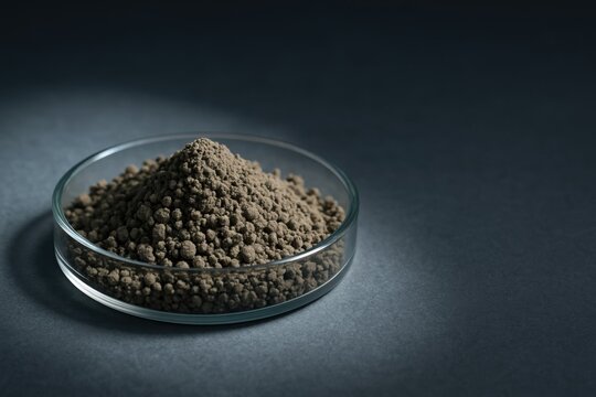 Brown dysprosium oxide granules in glass dish under directional studio lighting