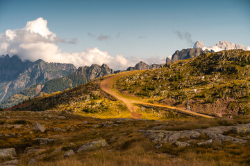 Scenic Mountain Landscape in the Dolomites, Italy. Hiking Trail in the Italian Dolomites at Sunrise