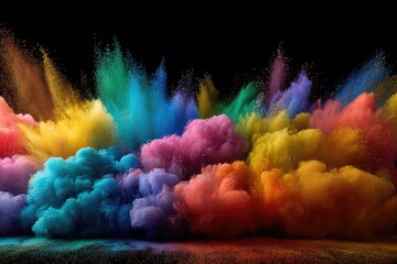 Vibrant, colorful powder explosion.  Clusters of  rainbow hues explode across a dark background