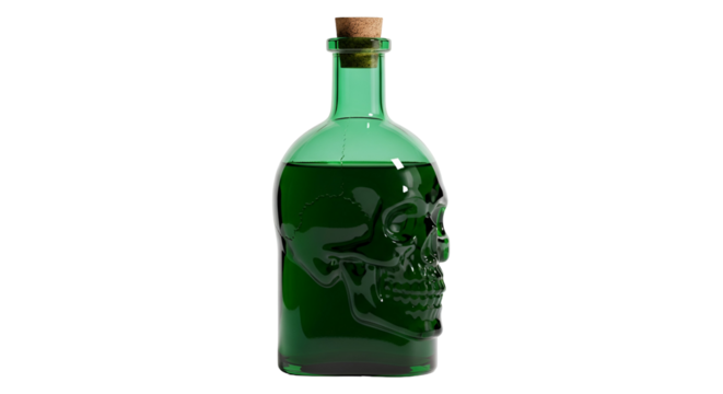 Green Liquid in Skull Shaped Glass Bottle with Cork