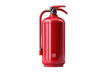 A vibrant red fire extinguisher, featuring a modern design with a top handle and nozzle, stands isolated on a solid transparent background. background removed