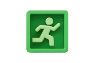 A 3D green icon depicting a running person inside a rounded square, symbolizing an exit or emergency escape route. background removed
