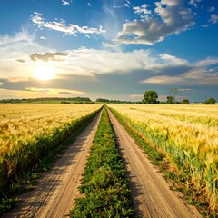 Country road through golden fields at sunset (1)