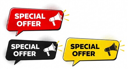 Three special offer speech bubbles in red black and yellow with megaphone icons on a white background