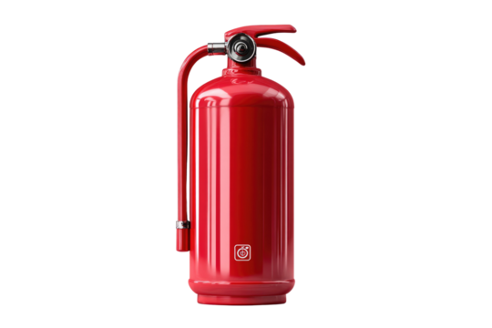 A vibrant red fire extinguisher, featuring a modern design with a top handle and nozzle, stands isolated on a solid transparent background. background removed