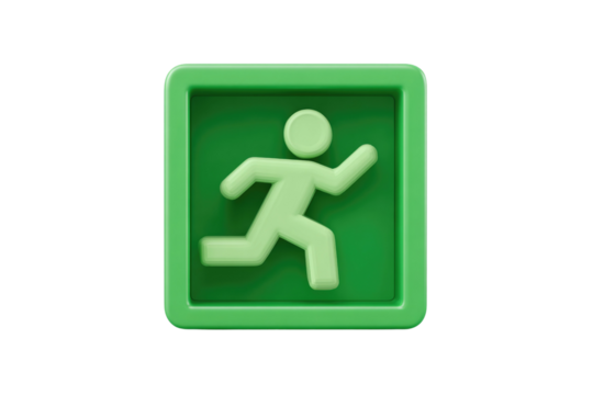A 3D green icon depicting a running person inside a rounded square, symbolizing an exit or emergency escape route. background removed