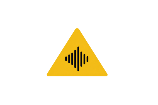 Yellow warning triangle with rounded corners features a black sound wave or audio equalizer icon on a dark transparent background. Represents audio or sound. background removed