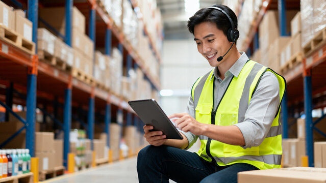 Man in warehouse using tablet