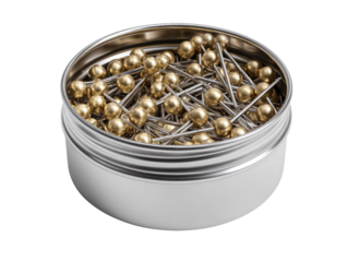 A metallic container filled with numerous golden-headed pushpins, featuring silver shafts, ideal for office or craft use. background removed