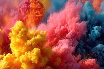 Explosive burst of vibrant color.  Clouds of orange, yellow, pink, and blue powder explode in a dynamic display